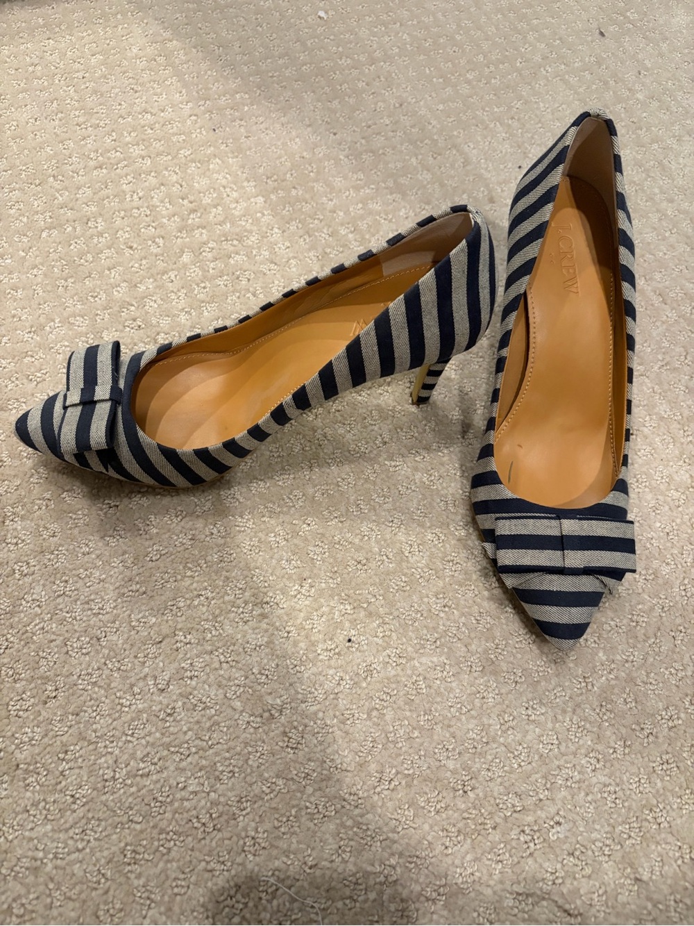 J. Crew Navy and Cream Striped Pointed Toe Heels with Bow